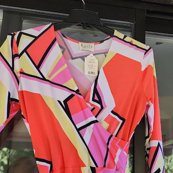 Leota New York Handmade Vibrant Geometric Faux Wrap Dress with A Waist Tie - Picture 4 of 6